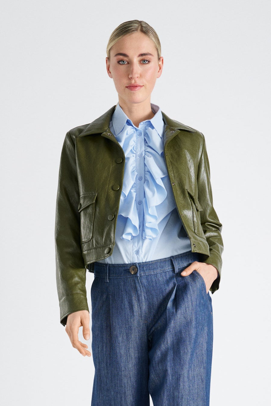 Short khaki fake leather jacket