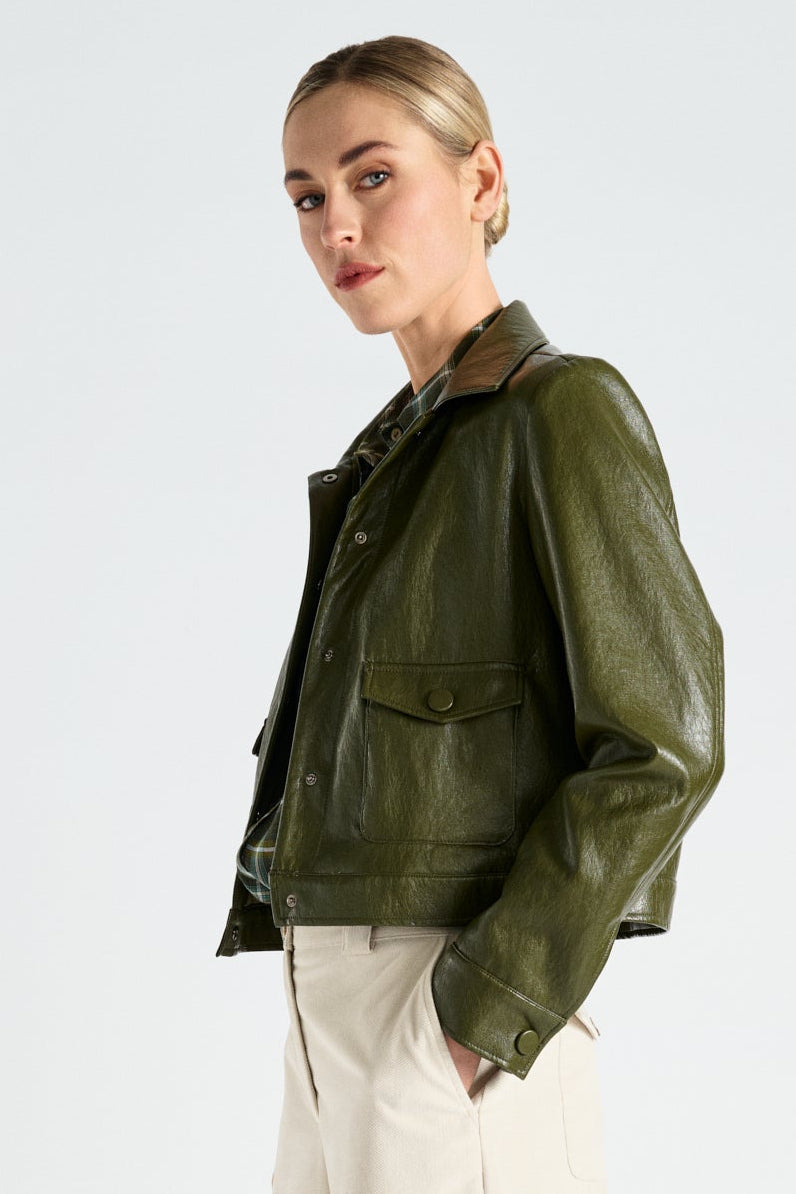 Short khaki fake leather jacket