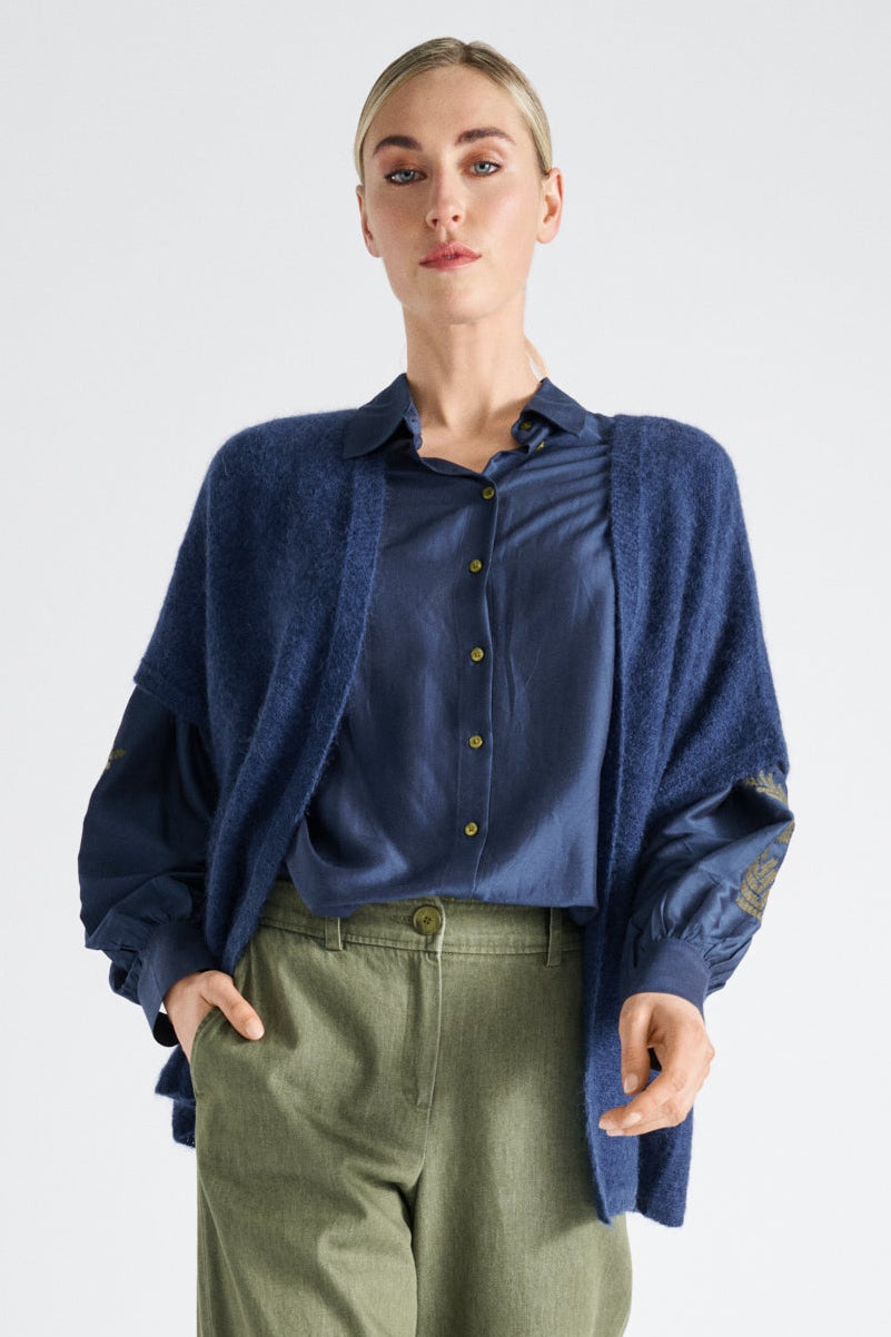 Open-front cardigan denim with short sleeve