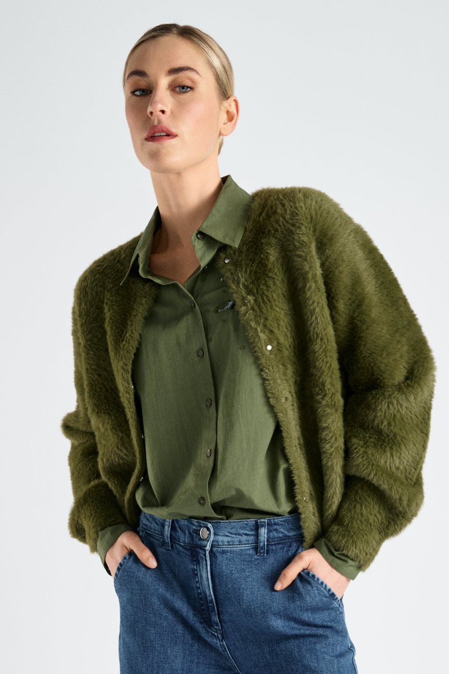 Kaki fleece cardigan met drukknopen