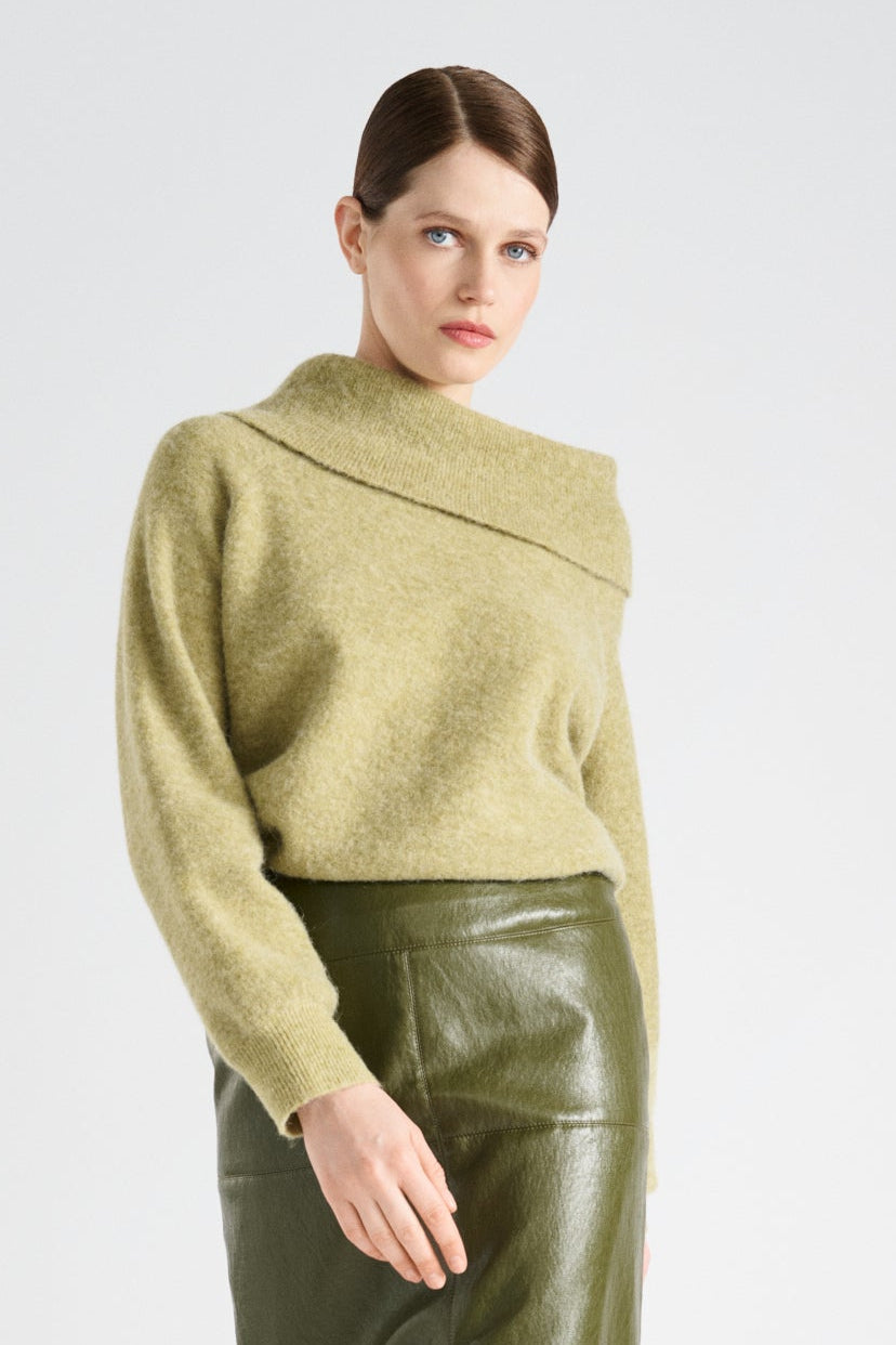 Fluffy olive green alpaca sweater with large rollneck