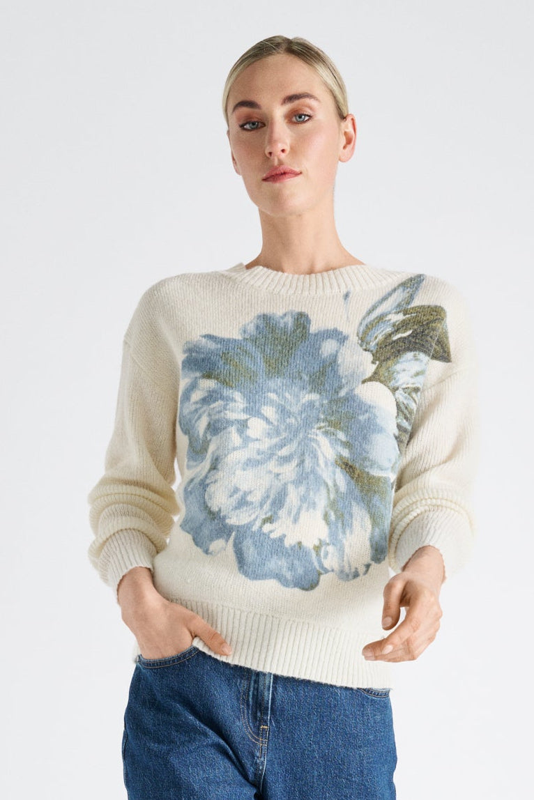Pull écru en alpaga-laine imprimé fleuri
