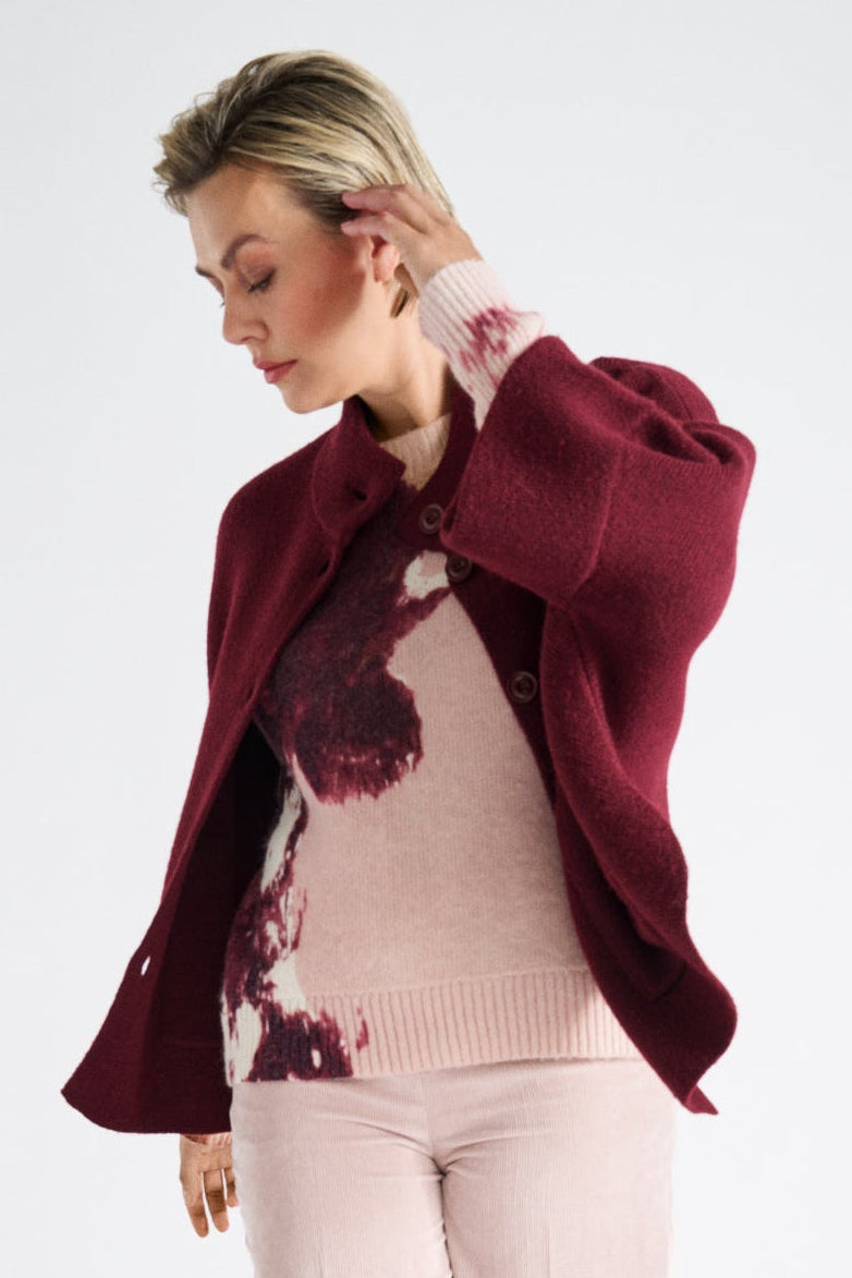 Buttoned burgundy cape-sweater with turtleneck