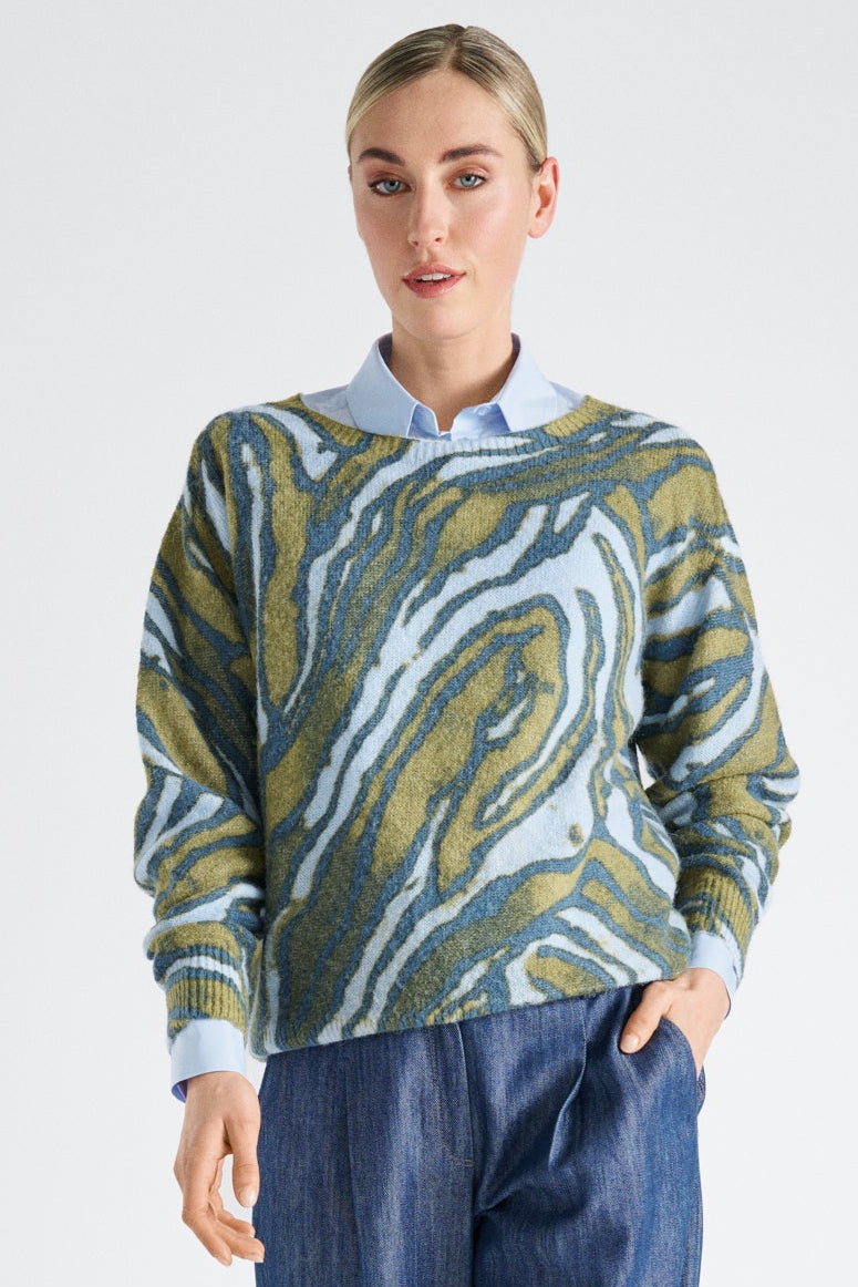 Wol-alpaca trui met blauw grafisch motief
