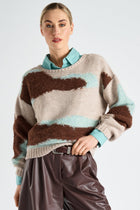 Grafische trui in beige met turquoise en bruin