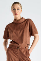 Fake suede short sleeve top with turtle neck