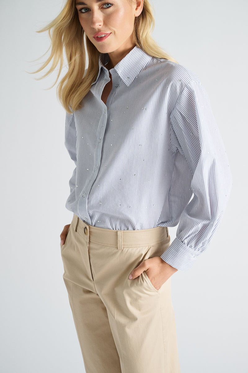 Blauw gestreepte bloes met subtiele pailletten