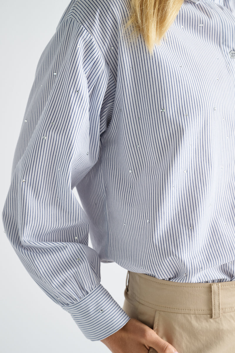 Blauw gestreepte bloes met subtiele pailletten