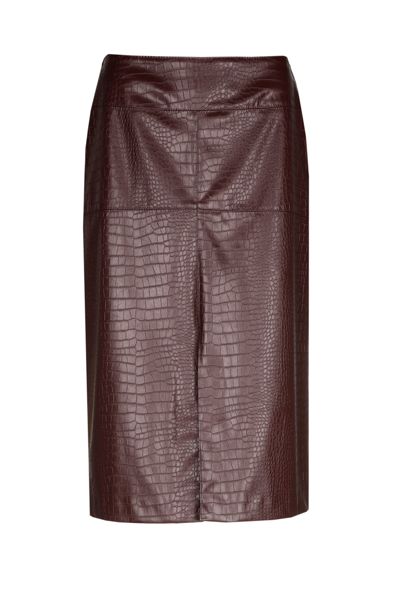 EN EXCLUSIVITÉ DANS NOS CONCEPT STORES : Jupe bordeaux effet cuir à motif croco