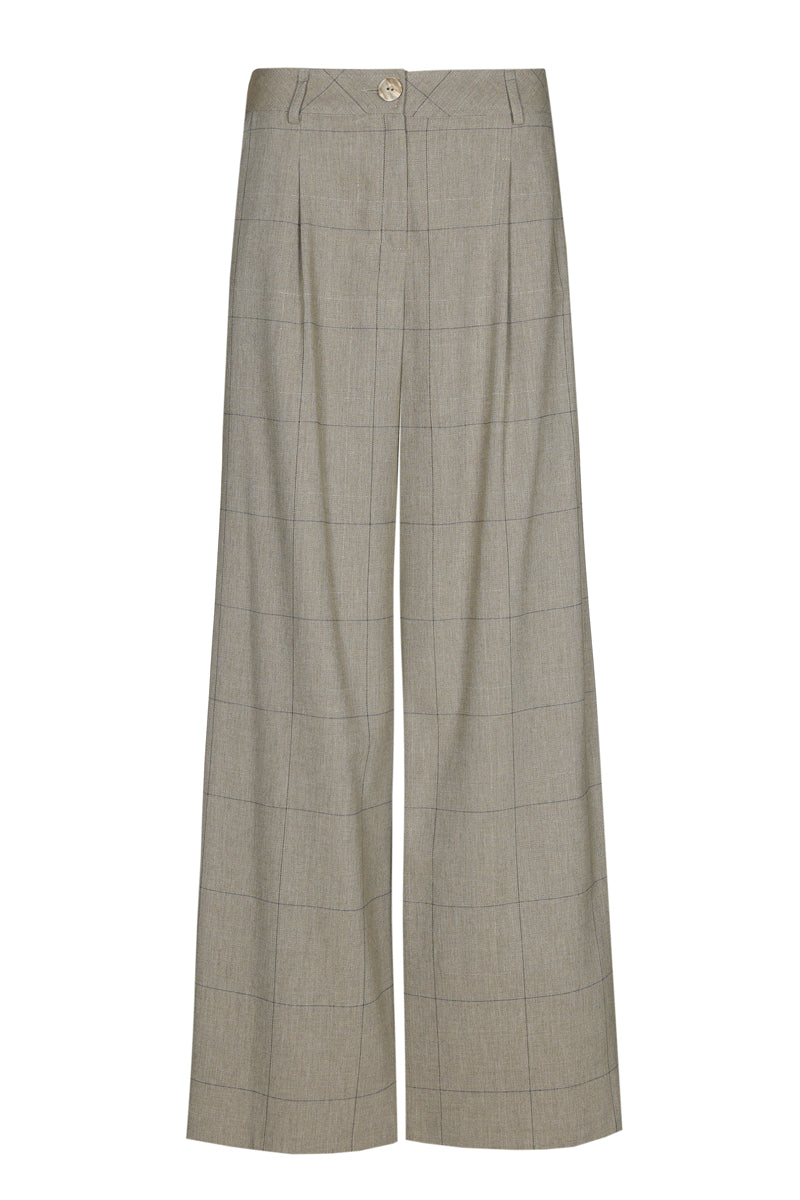 Wijde groene broek met bandplooi en ruitmotief
