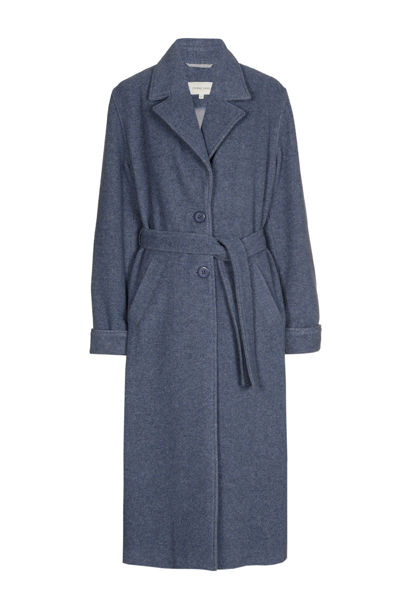 Lange blauwe mantel met knoopsluiting en riem