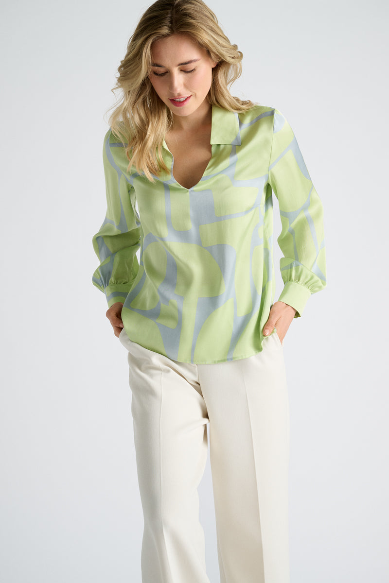 Bloes viscose met grijze en limoenkleurige print