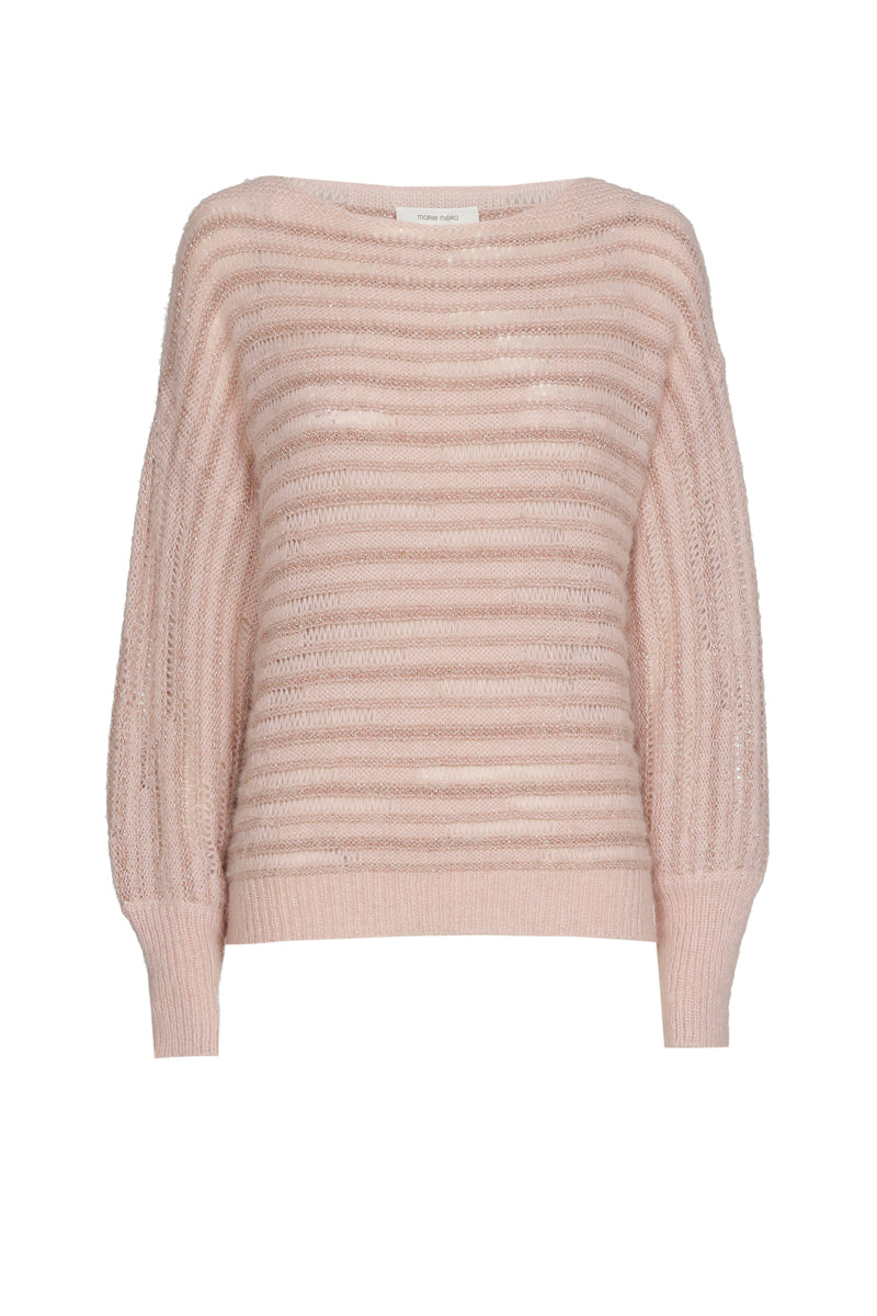 Licht roze pull ronde hals met fijne strepen