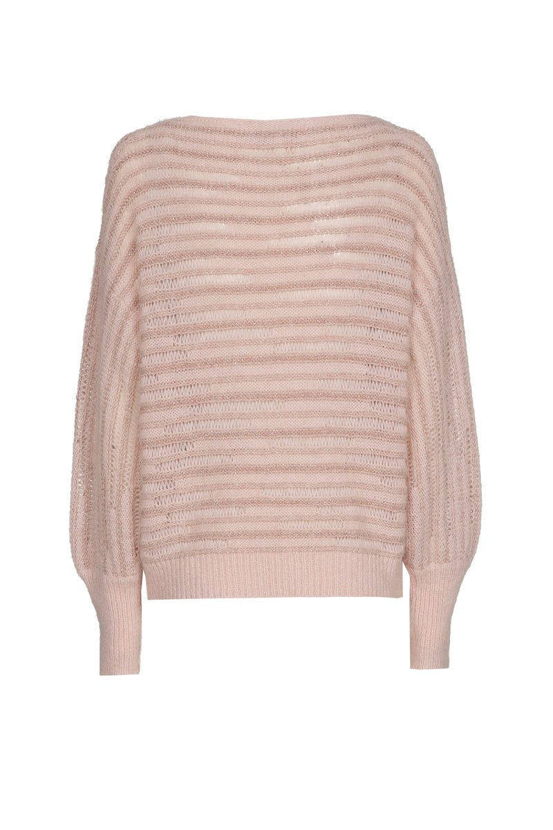 Licht roze pull ronde hals met fijne strepen