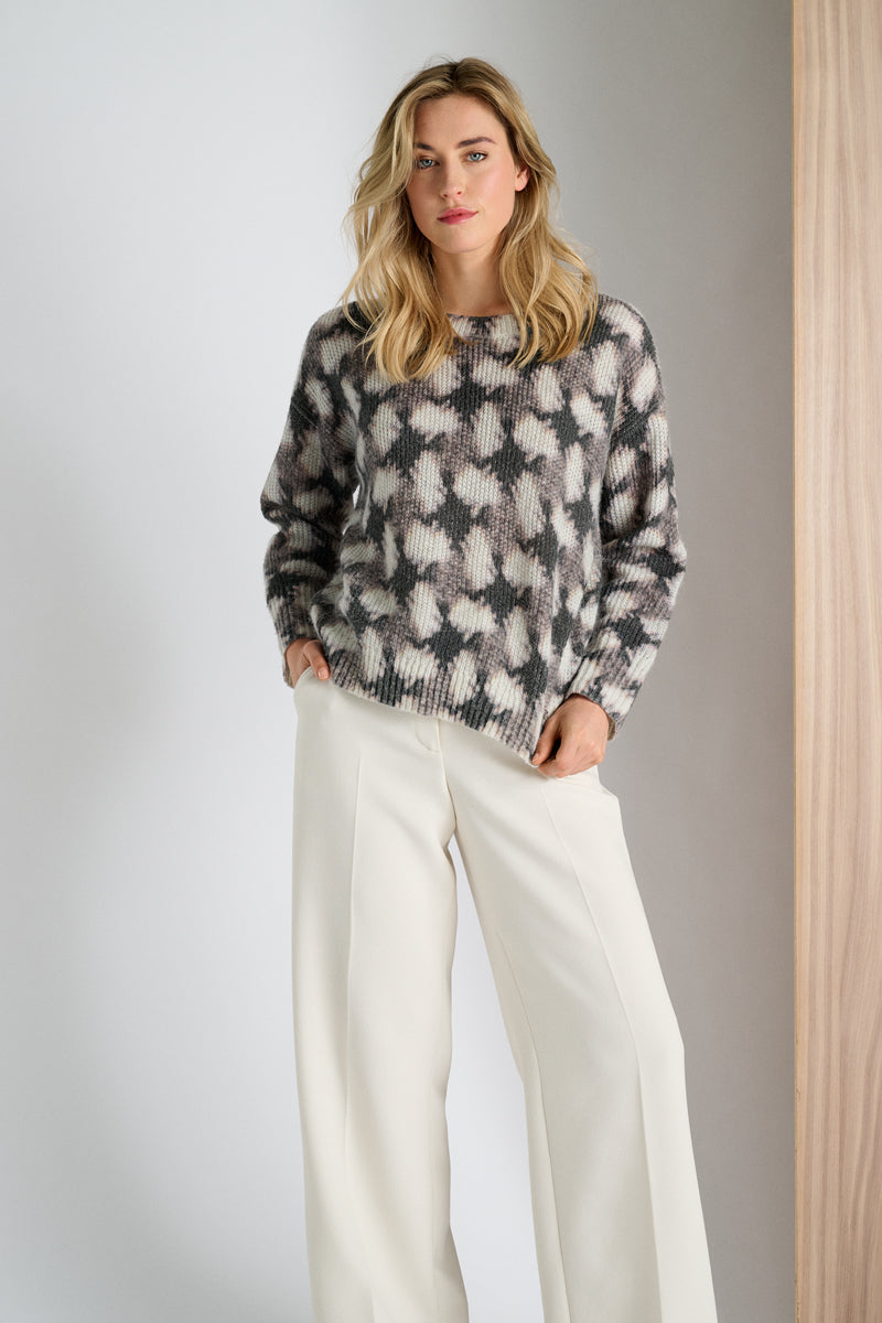 Pull à col rond avec motif en taupe et écru