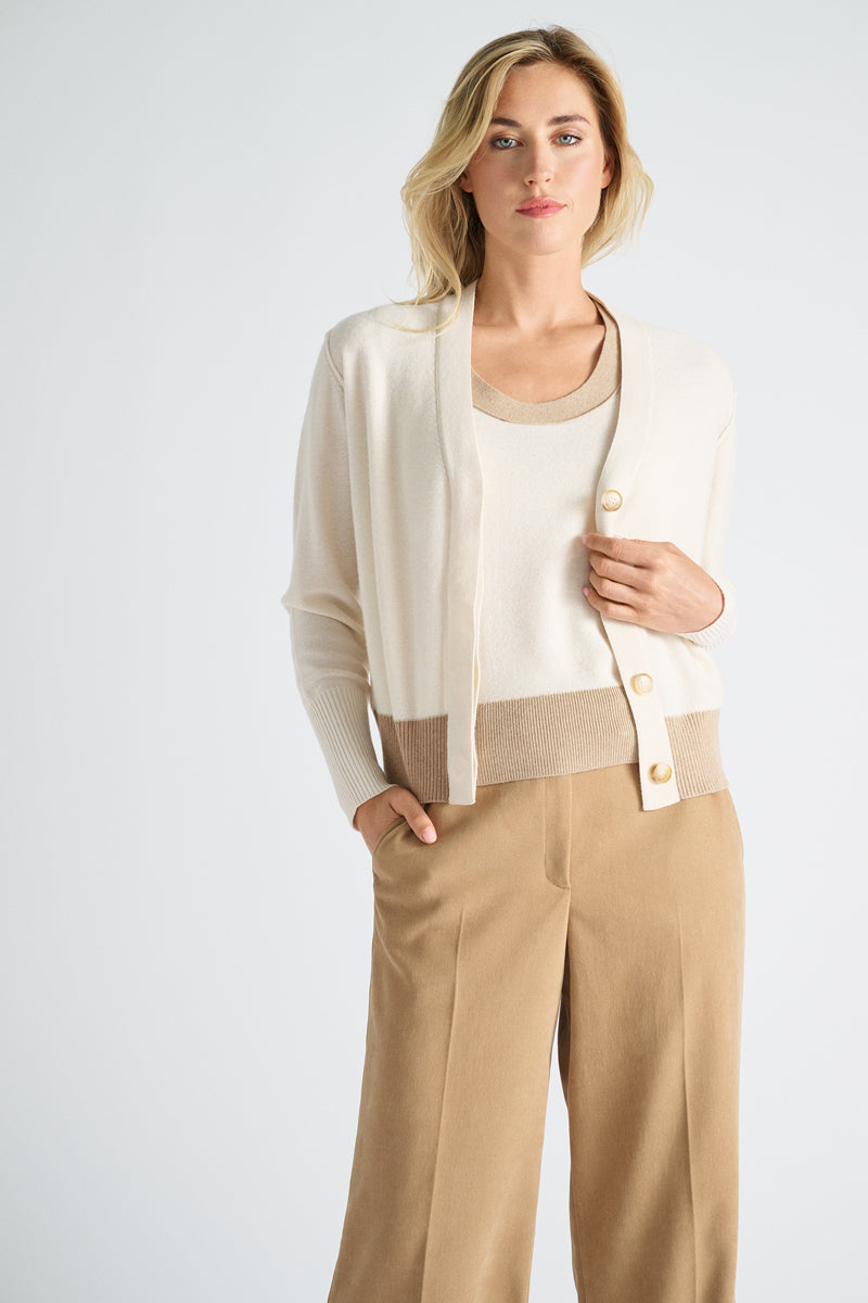 Cardigan écru avec bordure camel
