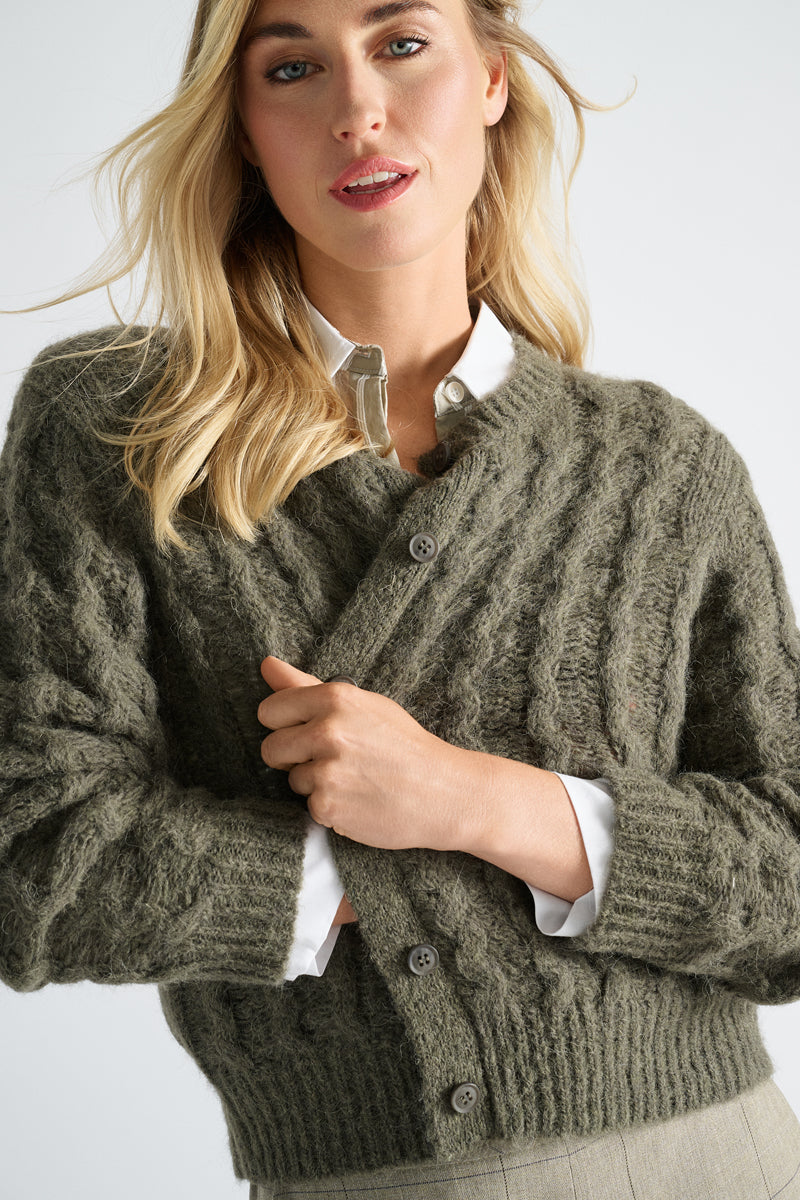 Cardigan kaki à col rond avec boutons