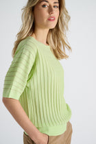 EXCLUSIVE IN OUR CONCEPT STORES: Lime colored sweater with boat neck and vertical stripes