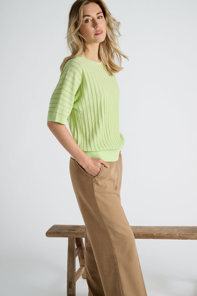 EXCLUSIVE IN OUR CONCEPT STORES: Lime colored sweater with boat neck and vertical stripes