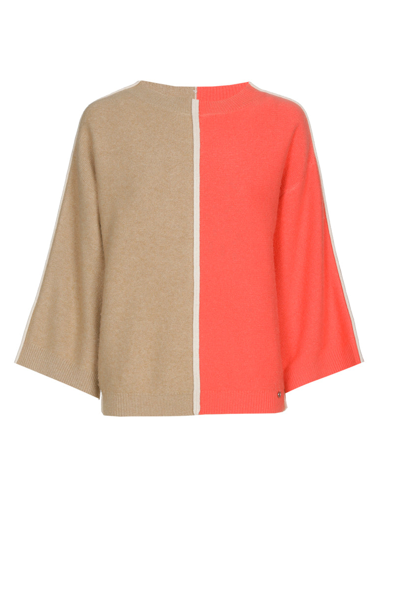 Pull bicolor met verticale streep in camel en koraal