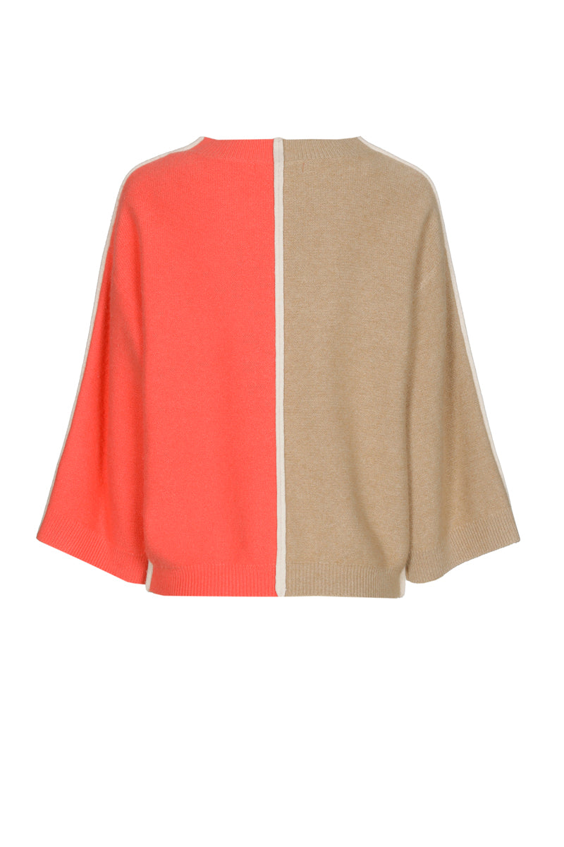 Pull bicolor met verticale streep in camel en koraal