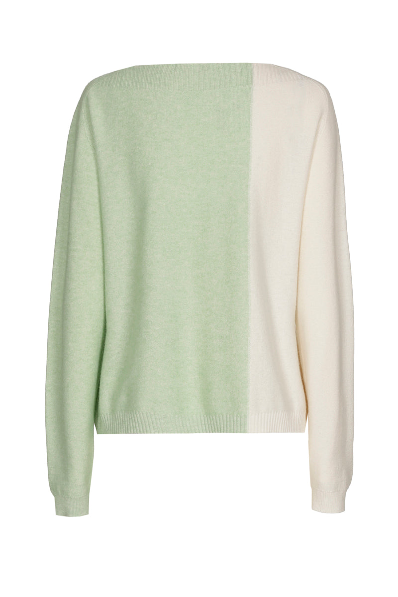 Pull bicolor met verticale streep in mintgroen en ecru