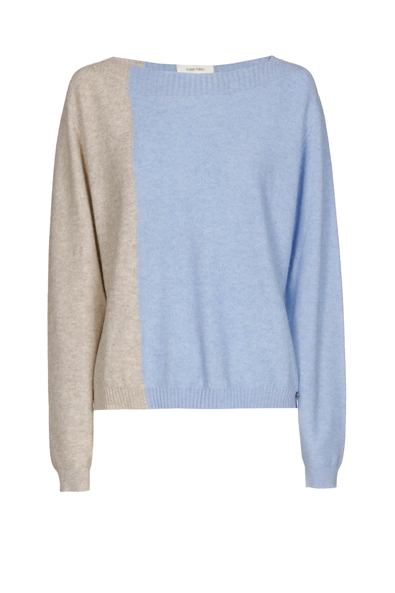 Pull bicolor met verticale streep in lichtblauw en beige
