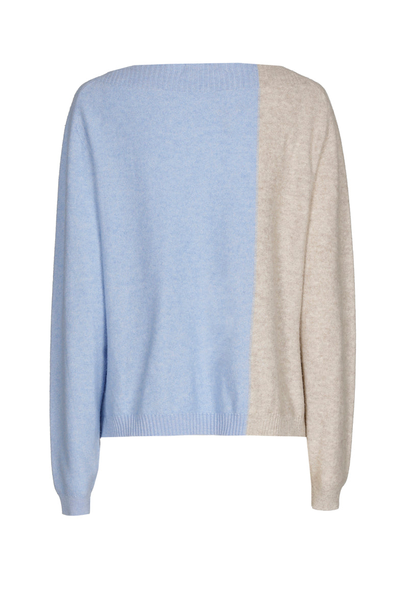 Pull bicolor met verticale streep in lichtblauw en beige