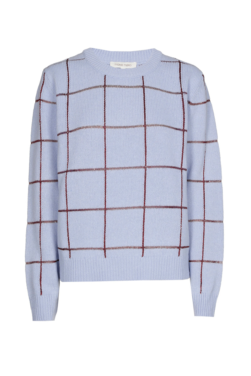 Light blue sweater with burgundy checks