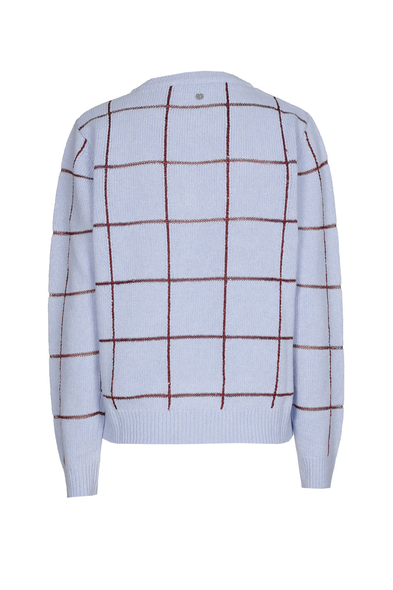 Light blue sweater with burgundy checks