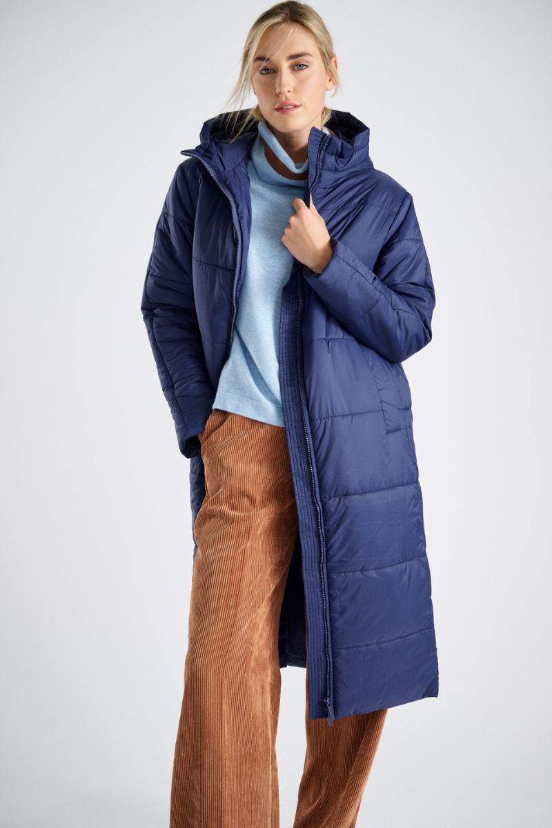Parka longue bleu indigo avec capuche