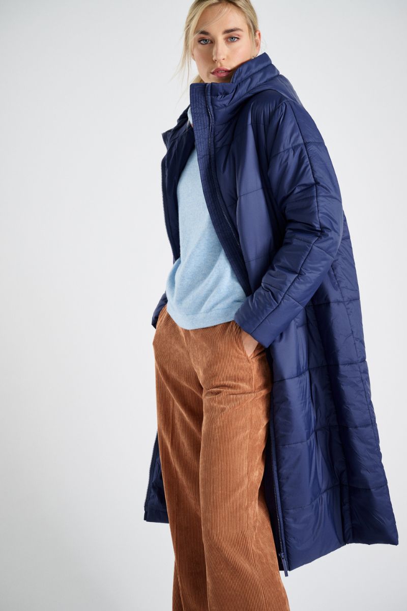 Parka longue bleu indigo avec capuche