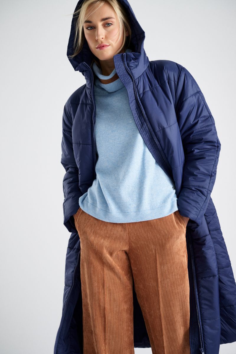 Parka longue bleu indigo avec capuche