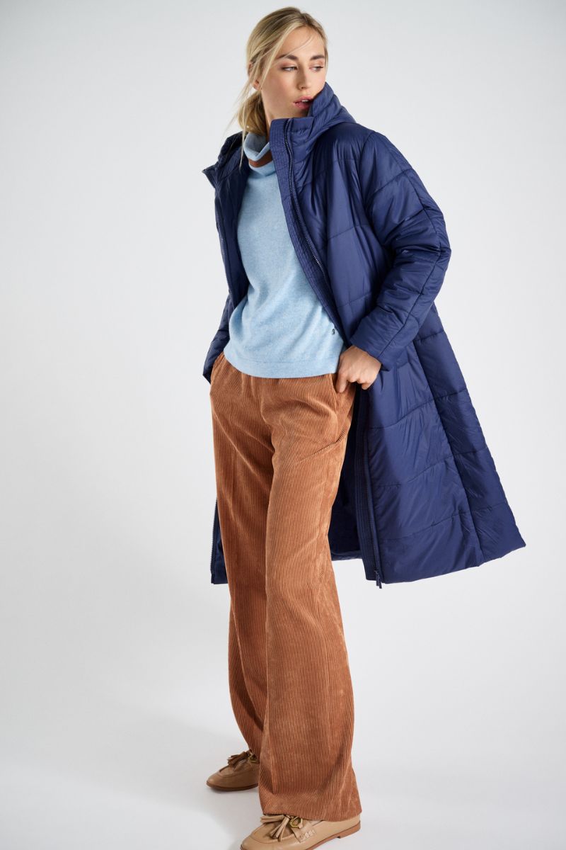 Parka longue bleu indigo avec capuche