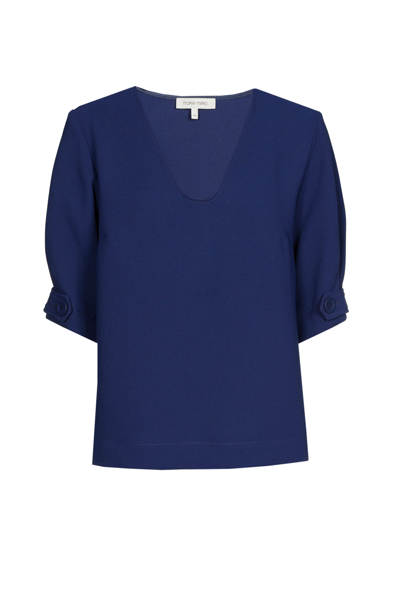 Blauwe bloes met V-hals en mooi afgewerkte mouw