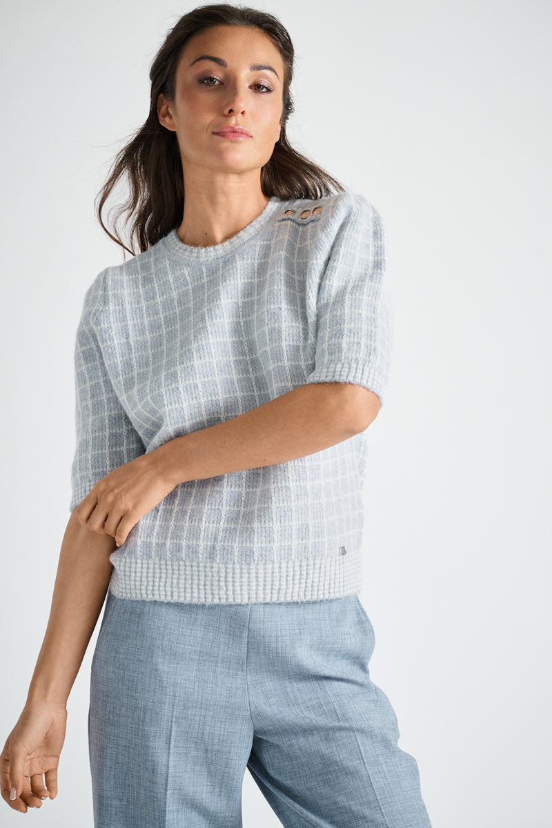 Pull à manches courtes bleu clair et écru