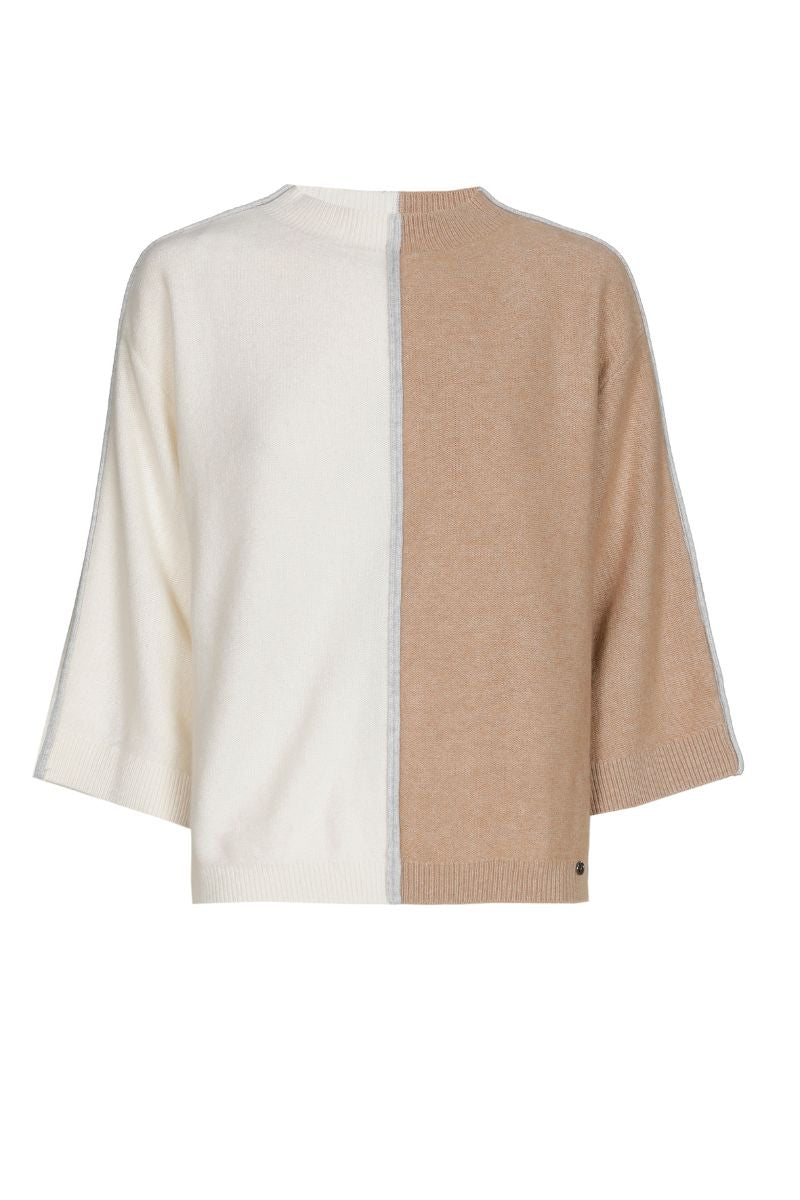 Pull bicolor met verticale streep in camel en crème