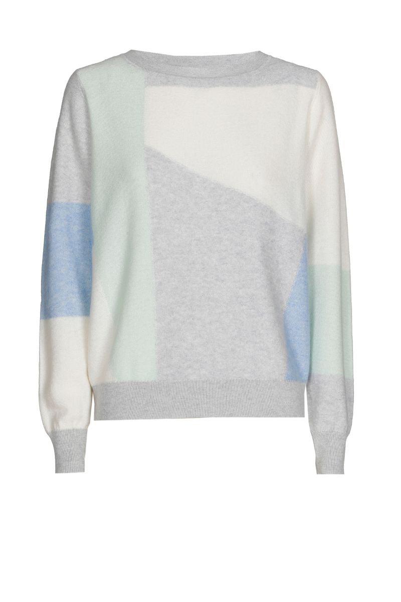 Pull gris à col rond avec blocs de couleurs