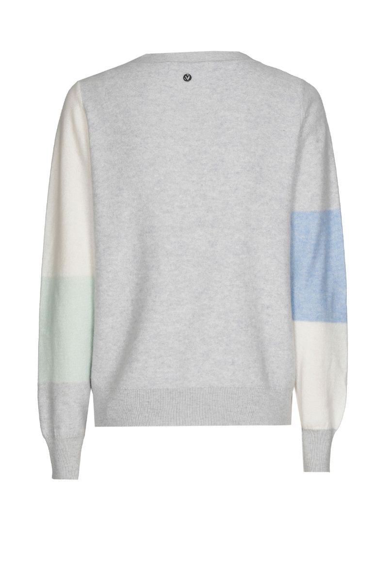 Pull gris à col rond avec blocs de couleurs