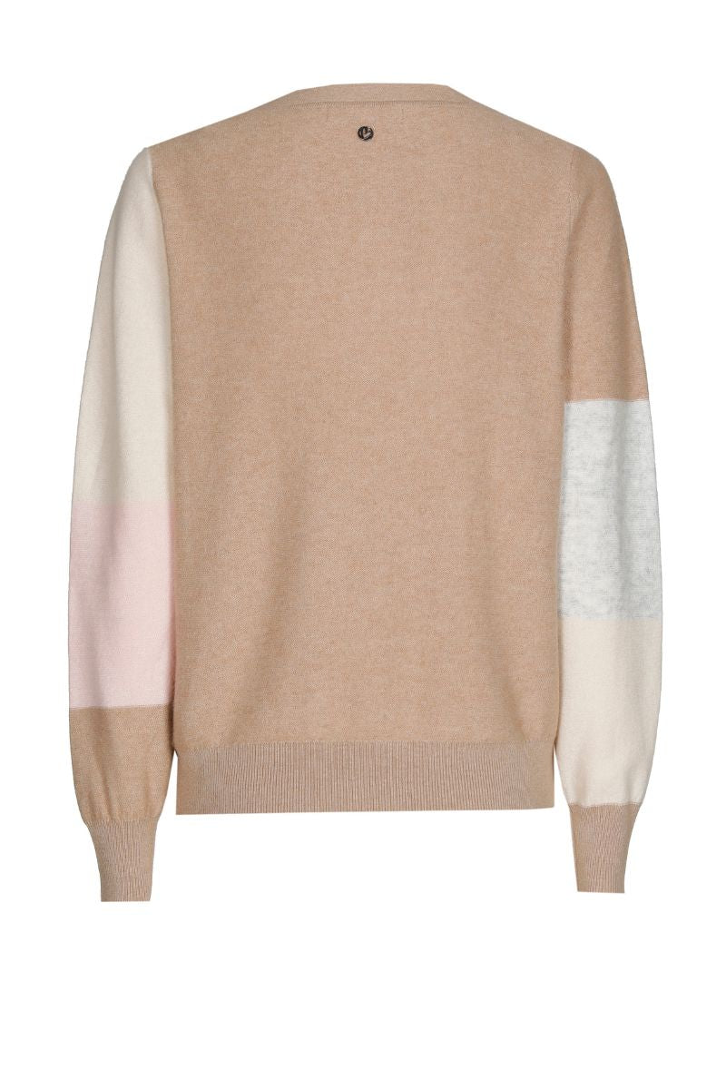 Walnootkleurige pull ronde hals met color blocking