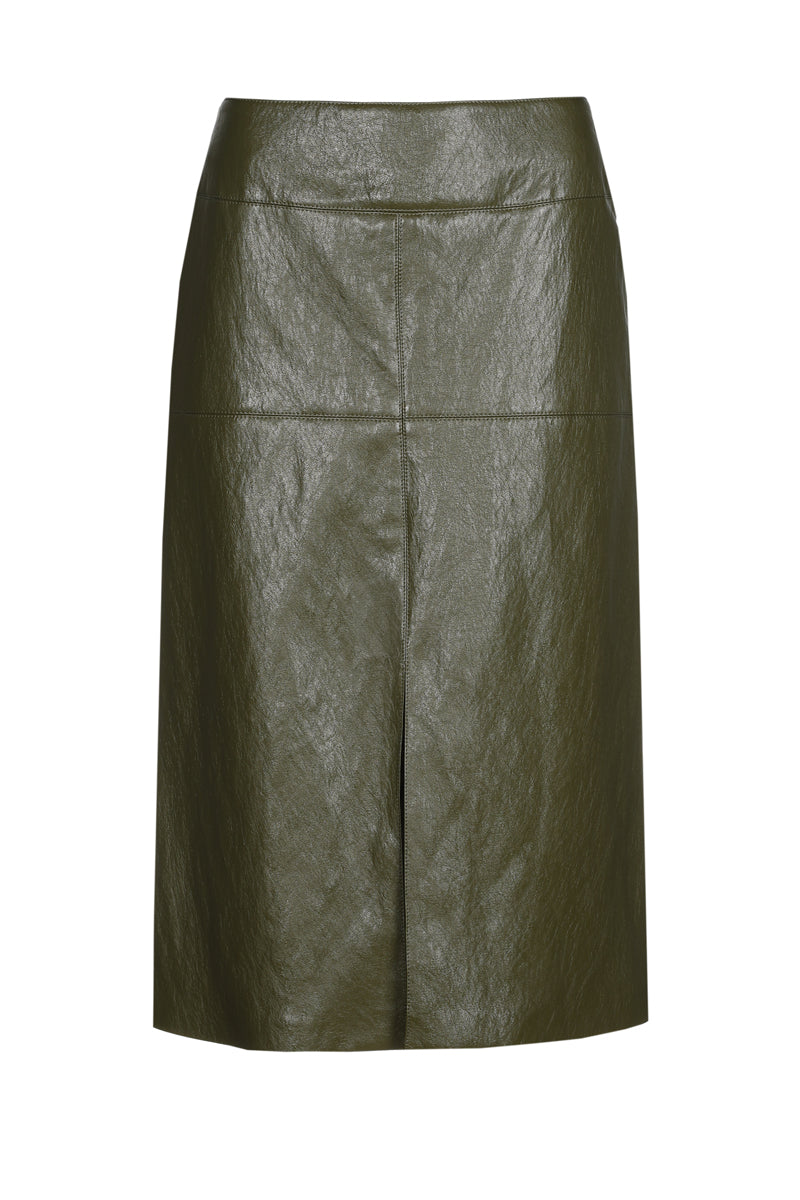 Straight khaki skirt fake leather
