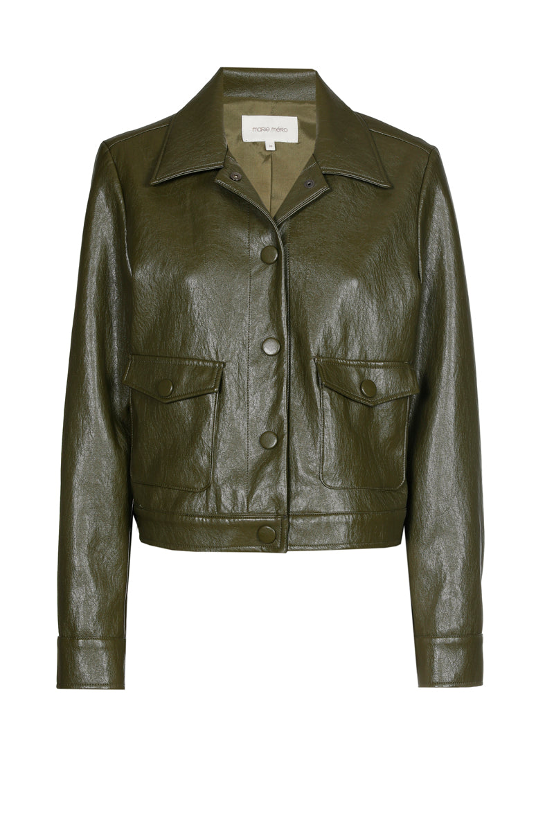 Short khaki fake leather jacket