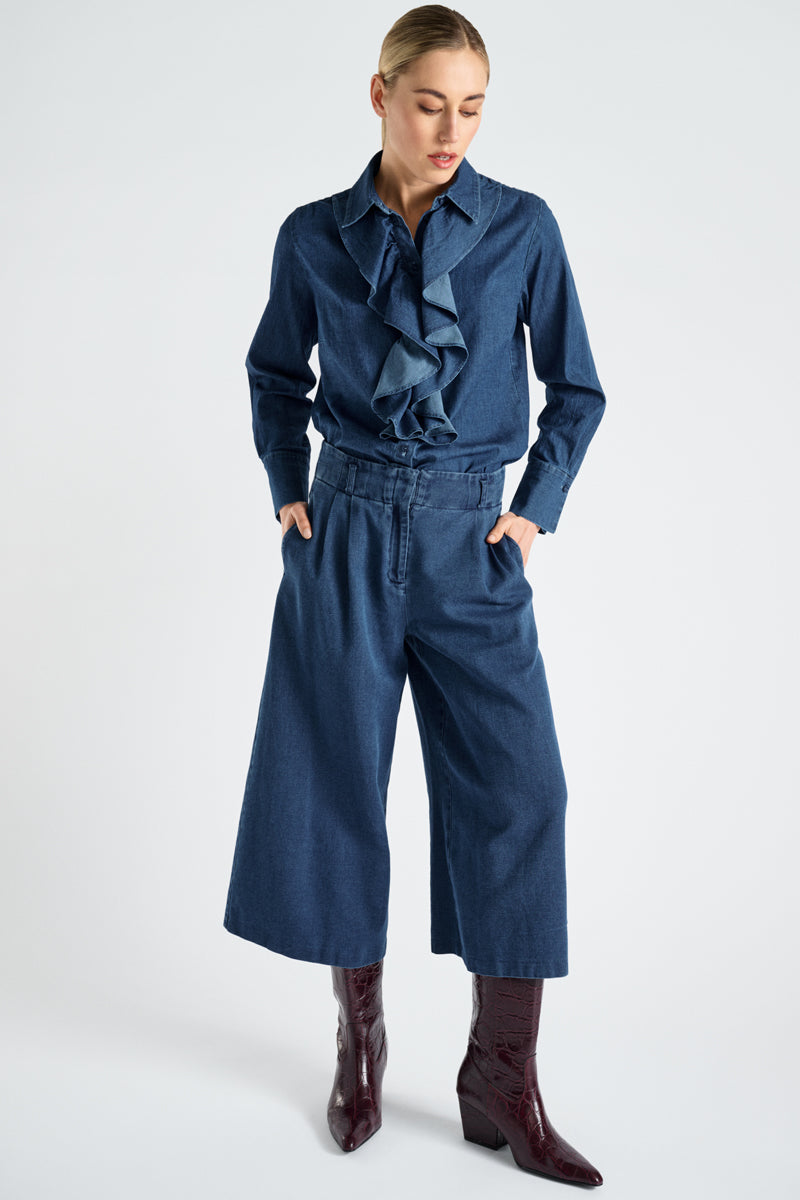 Culotte broek in denimlook met bandplooi en zakken