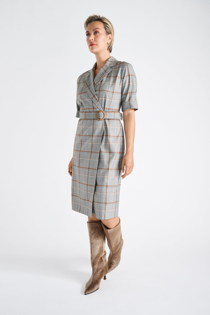 Geruit tailleur kleed met riem