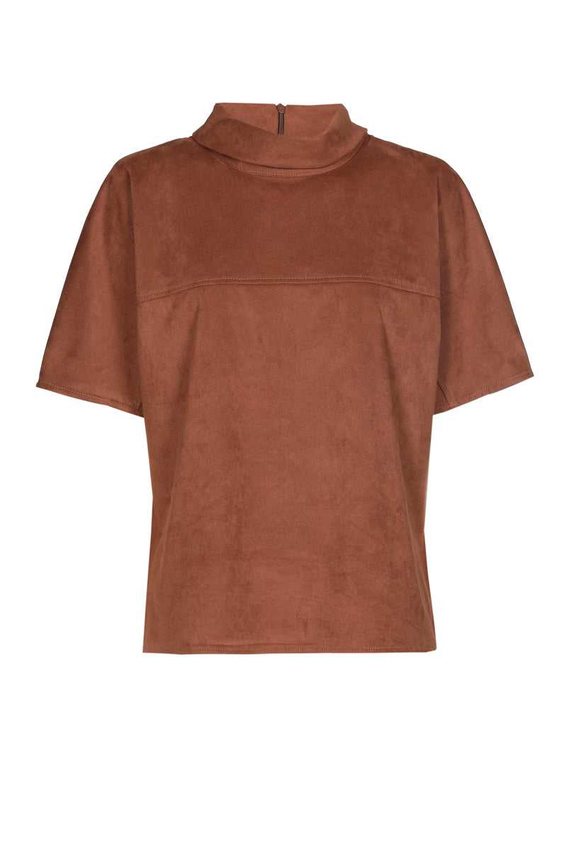 Fake suede short sleeve top with turtle neck