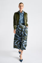 Wide kaki-blue skirt with graphic print