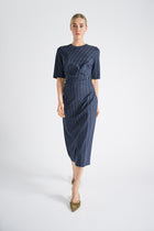 Robe midi marine ceintrée rayée