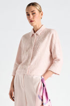 Hairy shiny cream shirt jacket with three-quarter sleeves