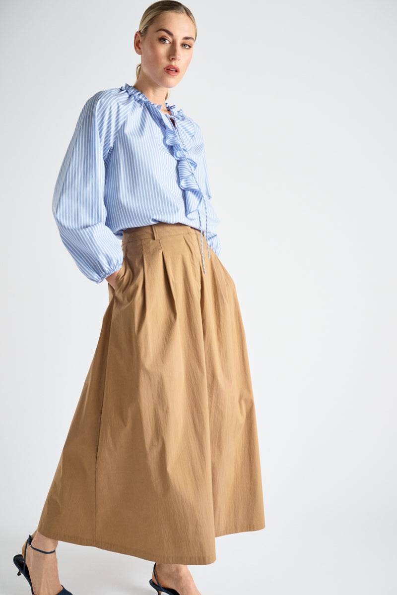 Camel midi-rok met plooien en zakken