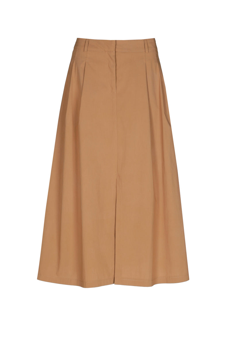 Camel midi-rok met plooien en zakken
